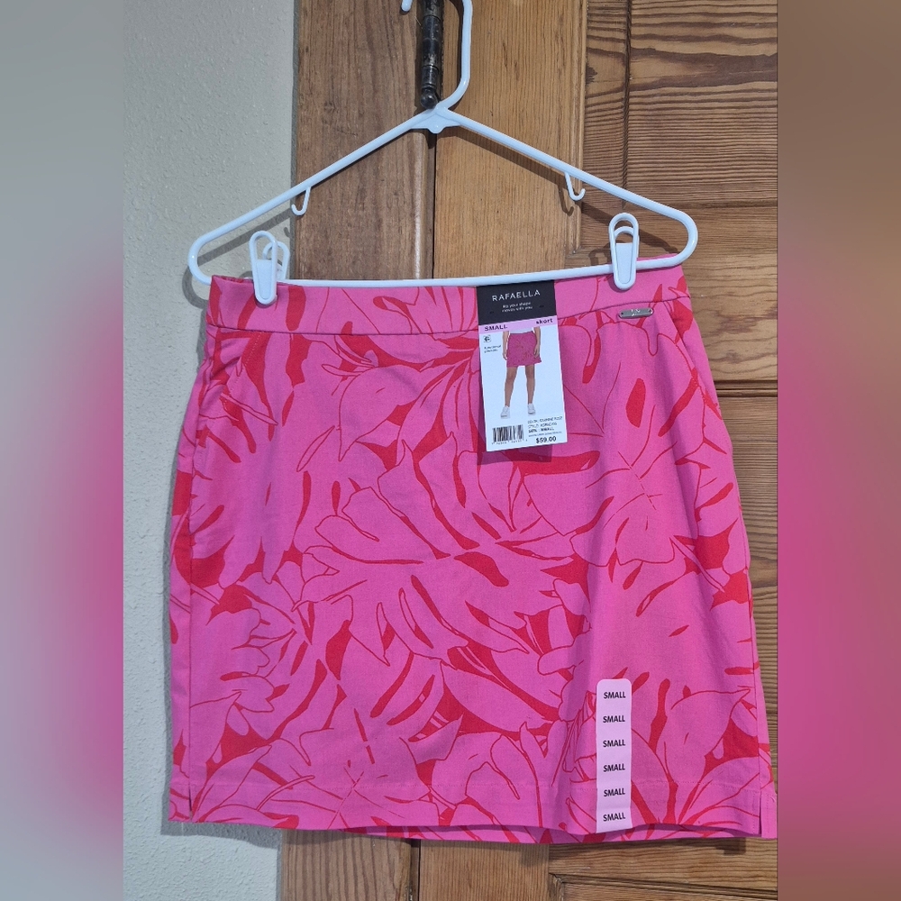 NWT Women's Size S Rafaella Pull On  Skort w/ Mesh Shorts Pockets Pink Palm